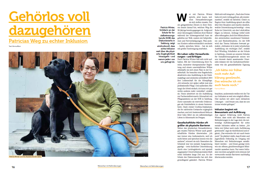 Fachsozialbetreuerin Fr. Winter mit schwarzen Hund auf der Bank